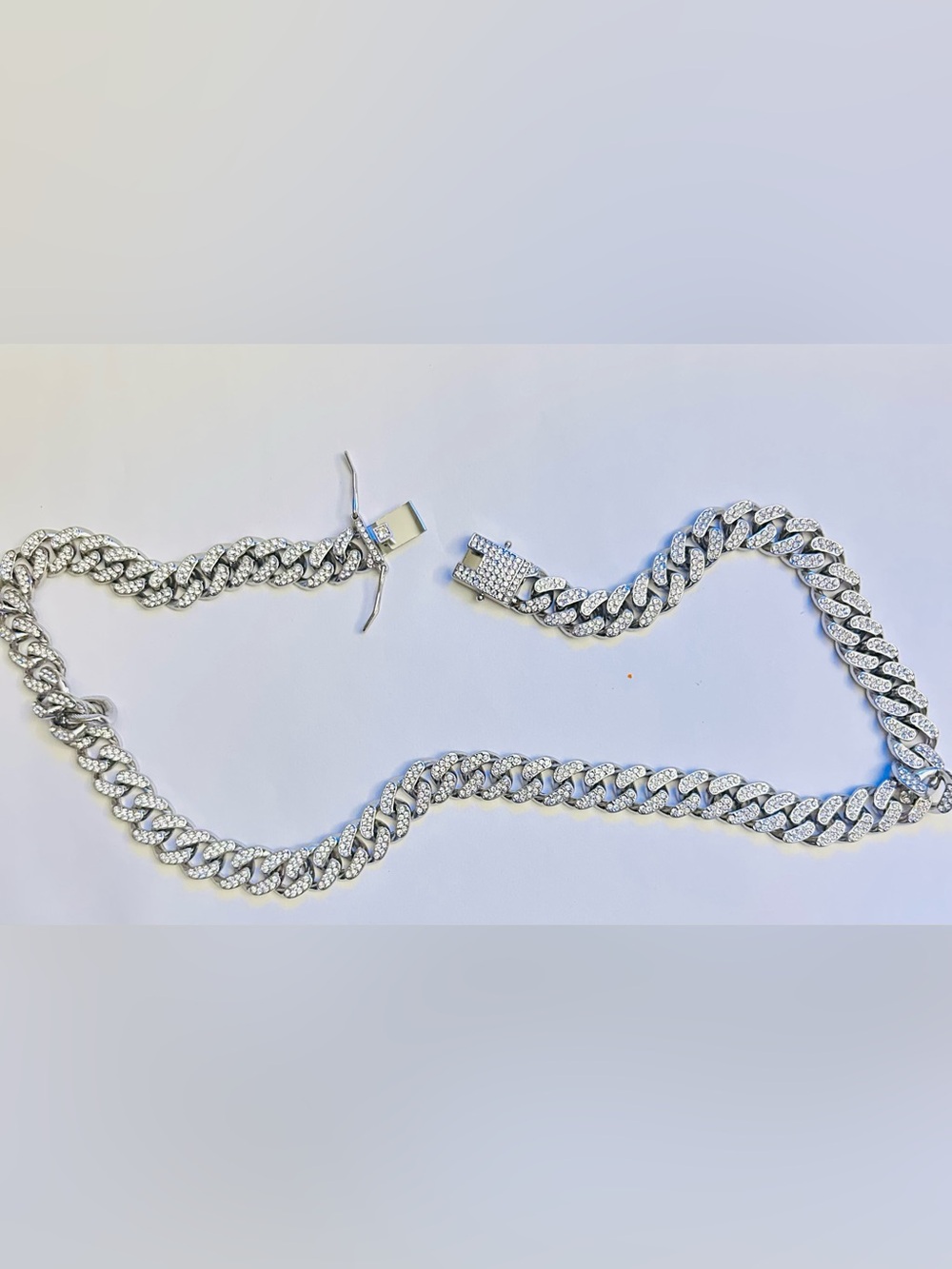 Men's Silver Cuban Link Chain Necklace with Pavé Stones